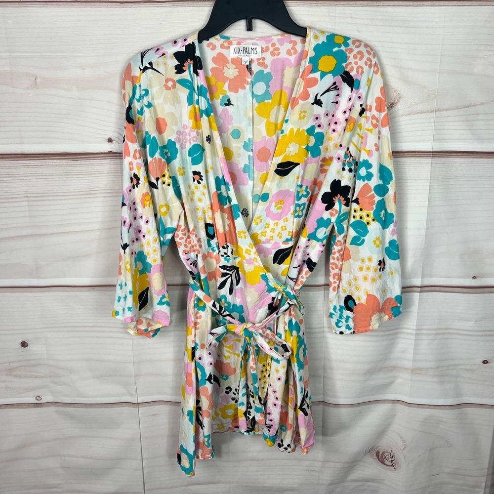 XIX Palms Dress Womens Small Colorful Floral Wrap Kimono Sleeve Mini Woven Beach